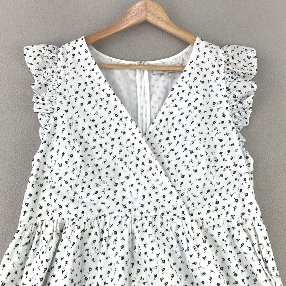 LOFT Eyelet Flutter Sleeve Dress Women 10 NWT White Floral V-Neck Cotton Mini